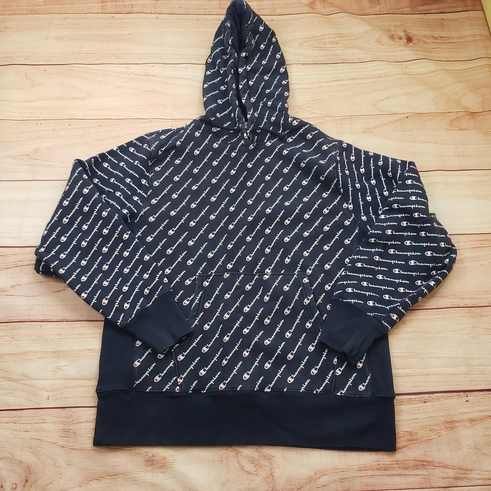 Champion Hoodie Mens Large Blue Reverse‎ Weave All Over Logo Pullover Sweatshirt